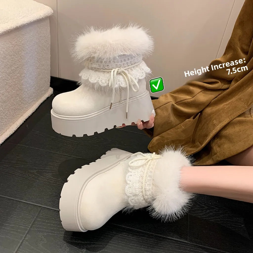 Women's Thick Bottom Fur Lined Winter Snow Boots Mid-Calf Cute Northeast Fur Boot Warmth Thickened Winter Fashion Boots