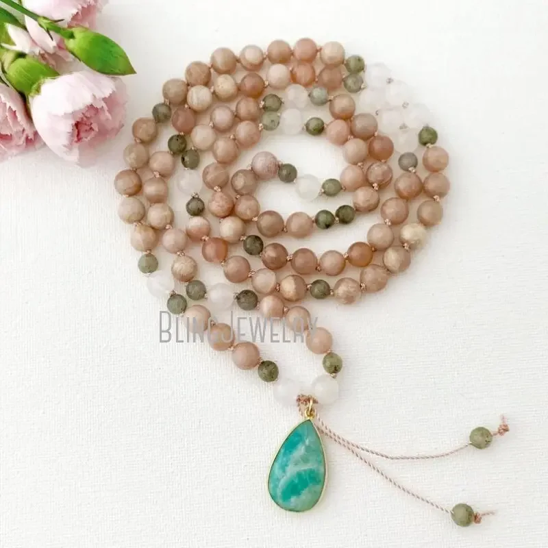 5pcs Peach Moonstone Labradorite Mantra Mala Crystal 108 Prayer Beads Necklace Women  Max Colar Collares Chakra Jewelry