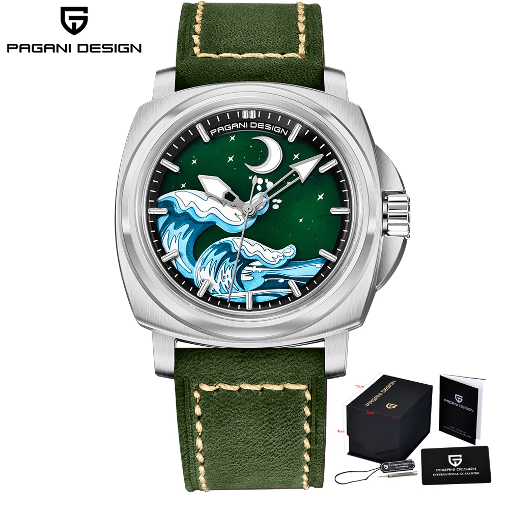 PAGANI DESIGN automatische mechanische Herren-Armbanduhr TMI NH35A, Saphirglas, Wellen und Mondglanz, C3-Lumen-Zifferblatt PDYS014 8