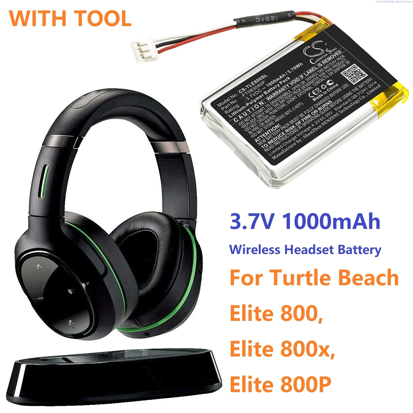 Cameron Sino 3.7V 1000mAh Batería para auriculares inalámbricos FT 083040 P para Turtle Beach Elite 800, Elite 800x, Elite 800P + herramienta
