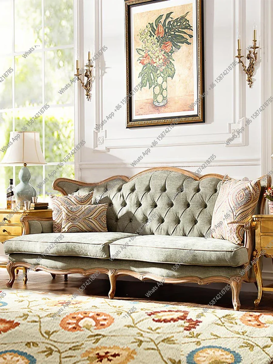 

J Американский Ретро Тканевый Диван Твердого Дерева Трехместный Гостиная Комбинация Небольшой Квартир Французский Ретро Высокая Спинка Настраивание