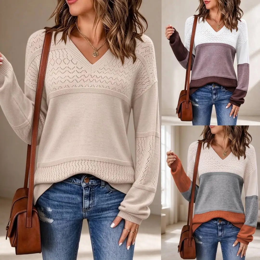 Women V Neck Knit Sweater Hollow Out Color Block Long Sleeve Loose Fit for Daily Wear Office Shopping Travel