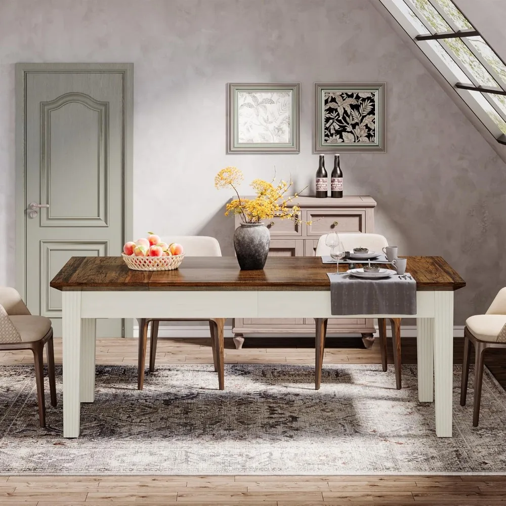 طاولة طعام تتسع لـ 4-6 أشخاص، طاولة مطبخ مستطيلة مقاس 62 بوصة مع أرجل خشبية صلبة، طاولة عشاء حديثة للمزرعة