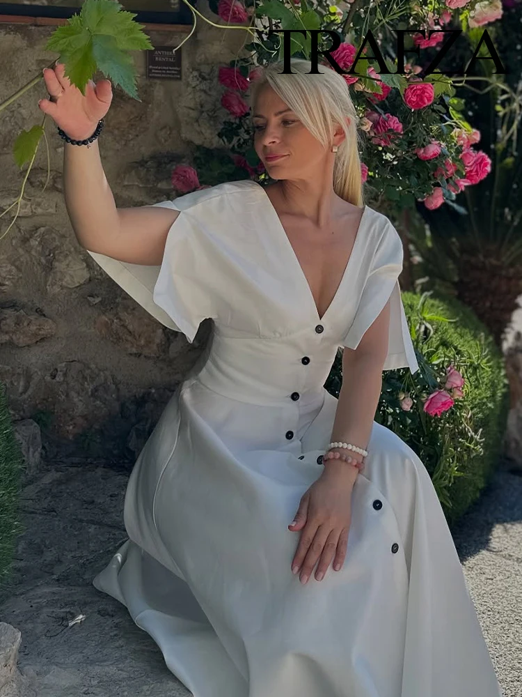 

TRAFZA Women's Summer Fashion V-neck Button Decoration Midi Short Sleeve Dress Female Elegant Backless Pleated Sexy Long Dress