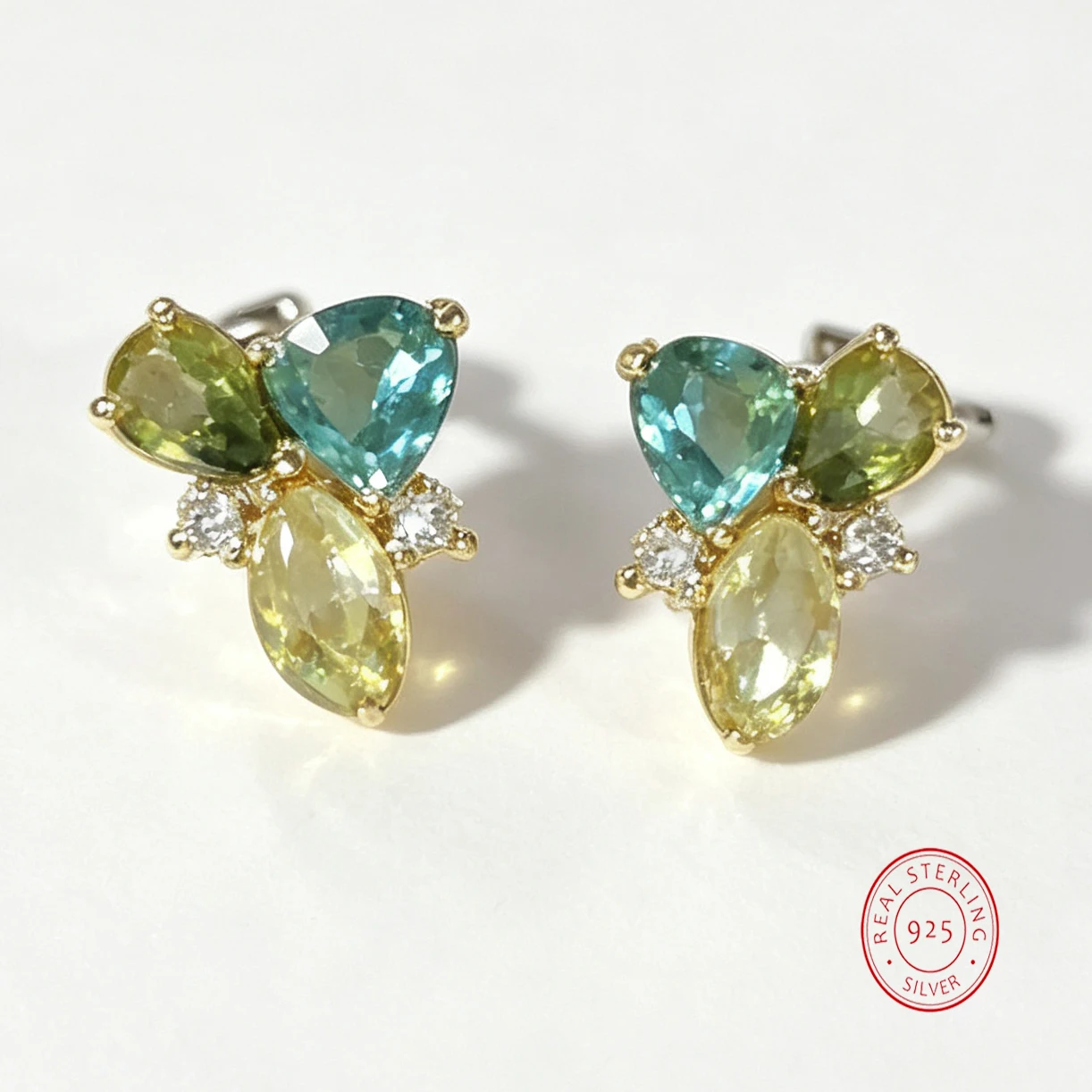 Retro Contrasting Yellow-Green-Light Blue Multi-Texture Stone Gemstone Earrings 925 Silver Unique Earring Women's Party Gifts