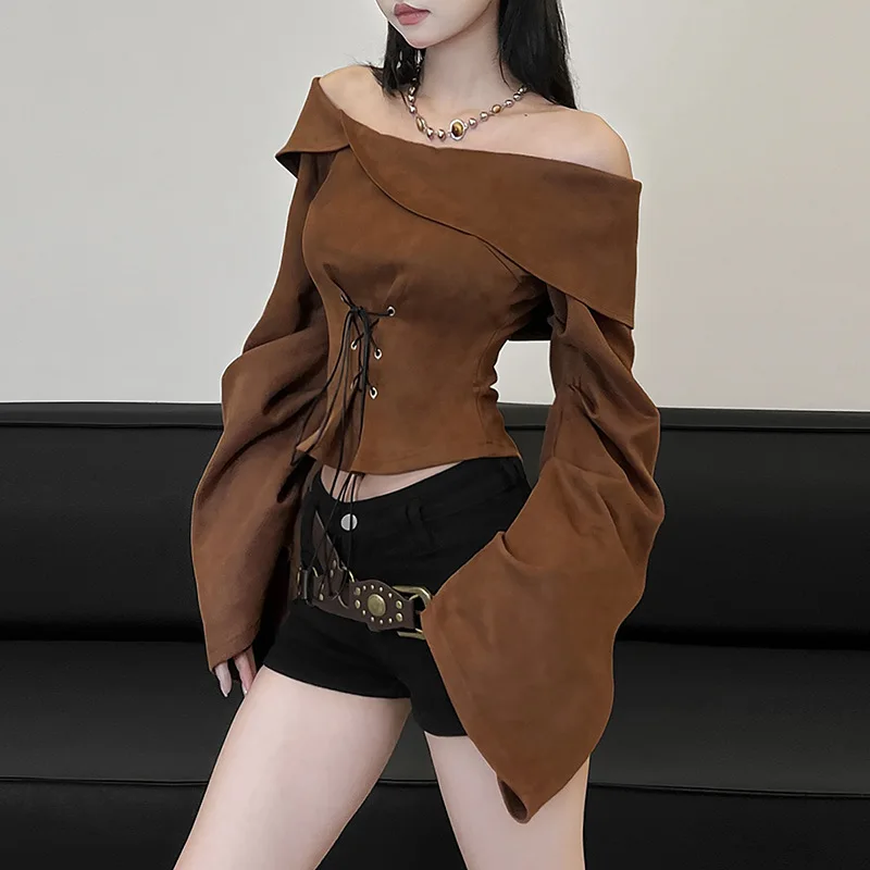 

Осень 2022, новый женский модный топ с открытыми плечами и широкими рукавами, коричневый топ с завязкой на талии и длинными рукавами