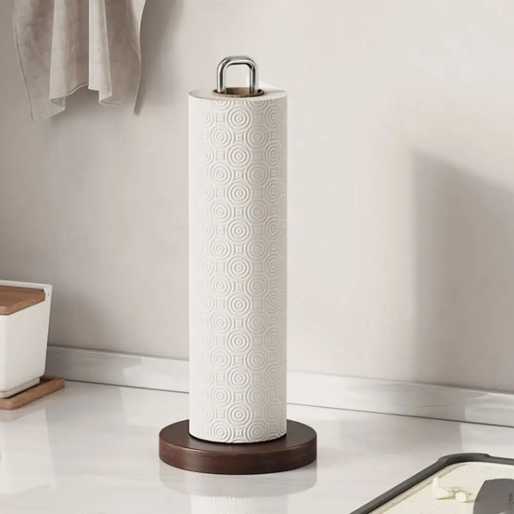 

Stainless Steel Paper Towel Stand Wooden Base Non-Slip Paper Towel Rack Durable One-Handed Tear Towel Dispenser Bathroom