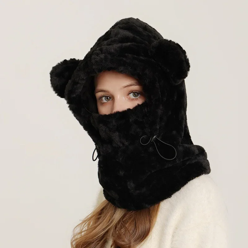 Engrossado de pelúcia inverno quente chapéu cachecol máscara define feminino kawaii urso orelha gorro proteção de orelha boné à prova de vento bicicleta bowler chapéu