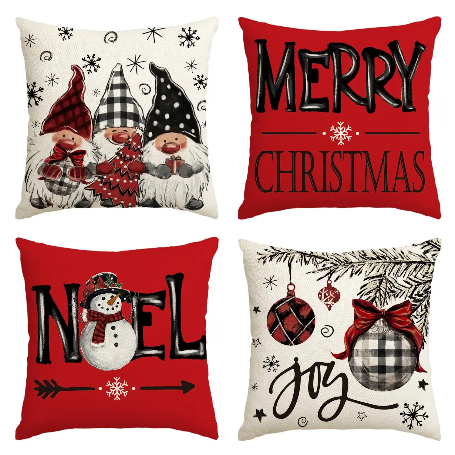 Merry Christmas Noel Joy Balls Gnome Throw Pillow Cover Xmas Snowflake Winter Holiday Cushion Case Decor for Sofa Couch Set of 4