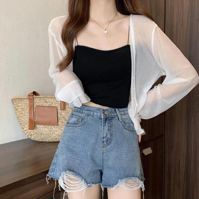 4 ألوان الكورية نمط رقيقة سترات صيفية المرأة شير الشمس واقية سيدة عادية سليم الخامس الرقبة لينة المحاصيل الحلو فتاة بسيطة تنفس
