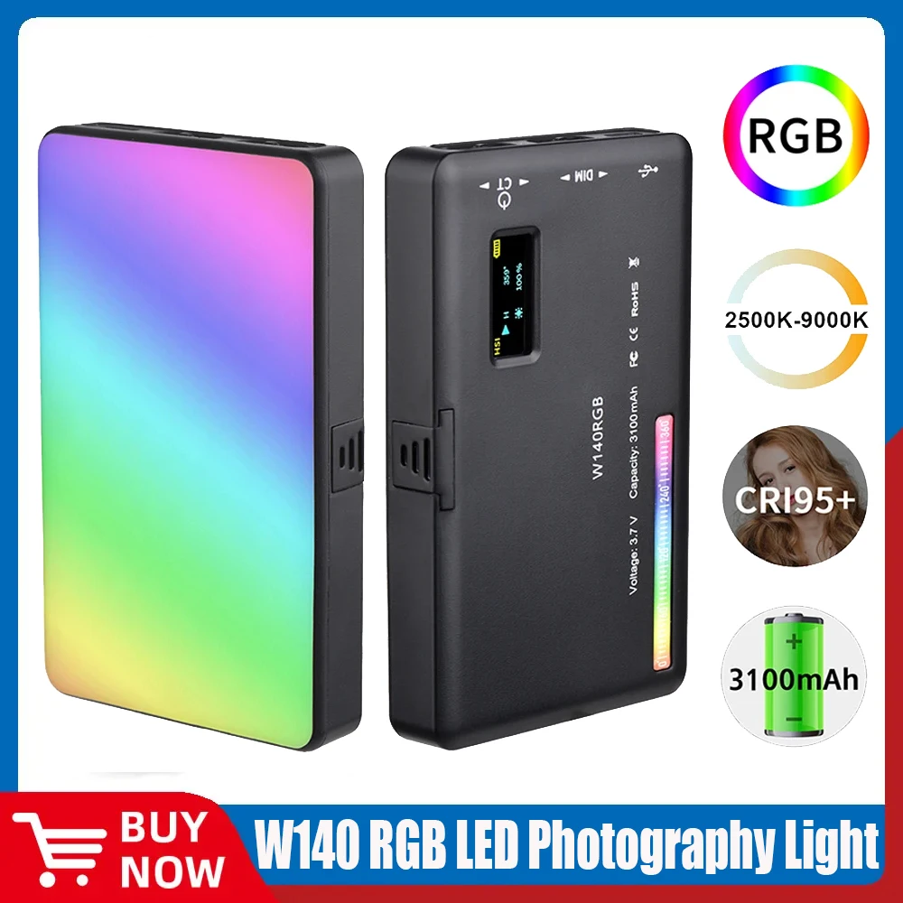 

W140 RGB светодиодный Video светильник, перезаряжаемая фотография, заполняющая телефон CRI95 + 2500-9000K, ЖК-дисплей, Холодный башмак для живого потока TikTok Vlog