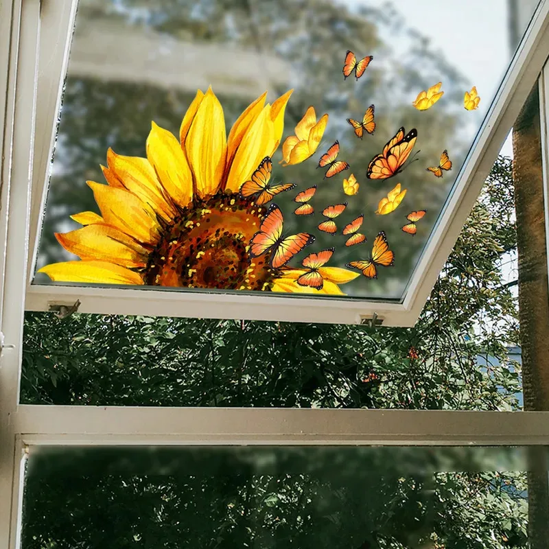 Sunflower Butterfly Stickers Static Cling Window Stickers Glass Stickers Window Stickers Room Decorations view 5