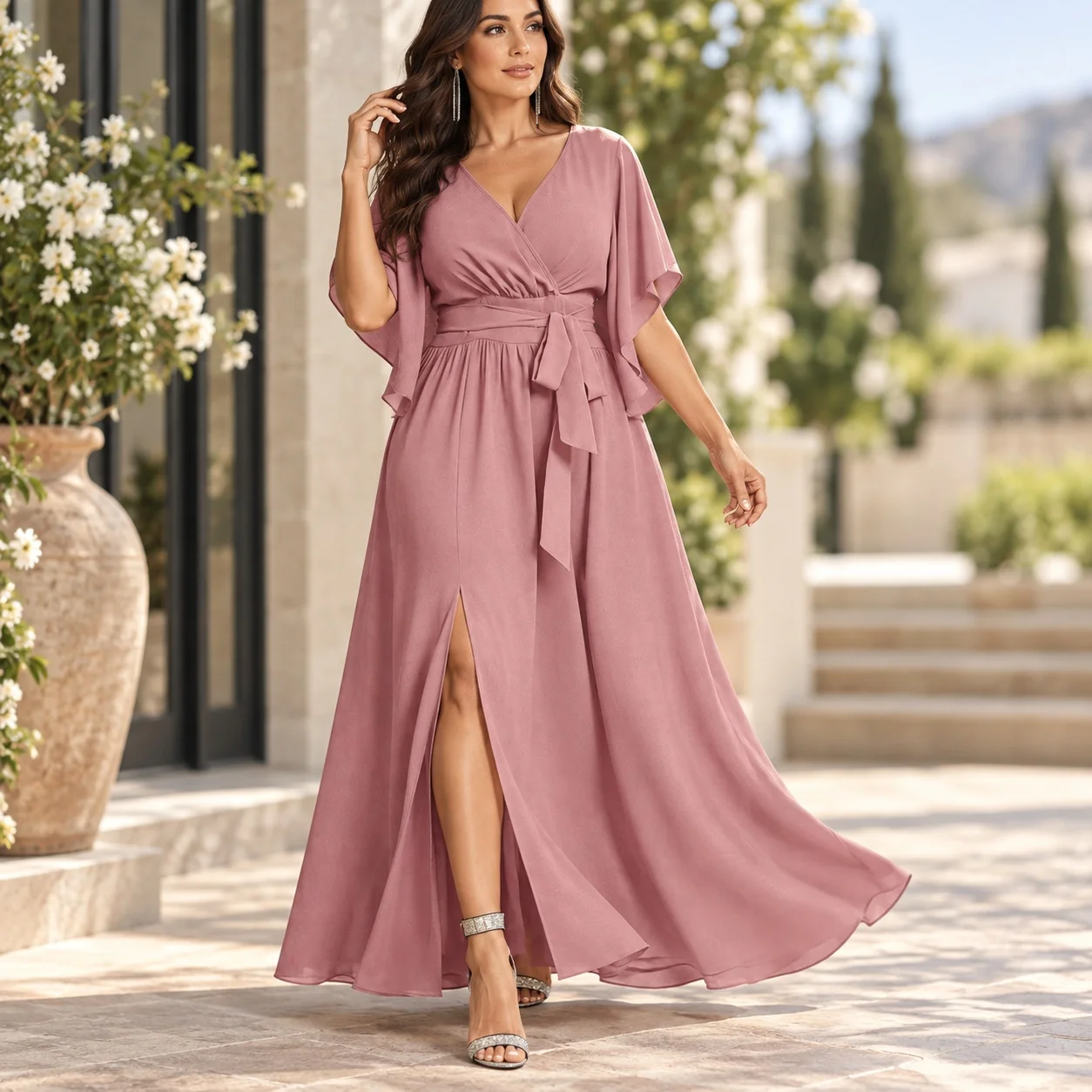 Pull on Short Sleeve Dress Flared Graceful Office with Maxi Length Flared Skirt Elegant V Neck Tie Detail Dress Summer for Women