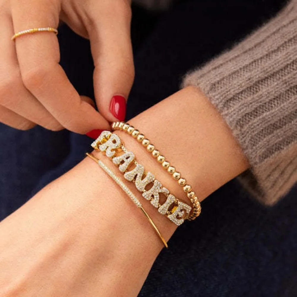 

2025 Custom fashion English 26 letters inlaid with zircon delicate gold DIY bracelet to wear accessories gifts