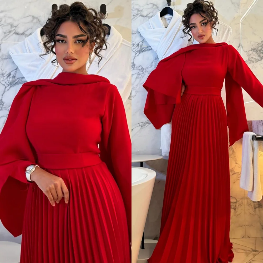 Customized Formal Red Jersey Evening Dress Classic O-Neck Long Sleeves Homecoming Dresses Temperament Special Occasion Gowns