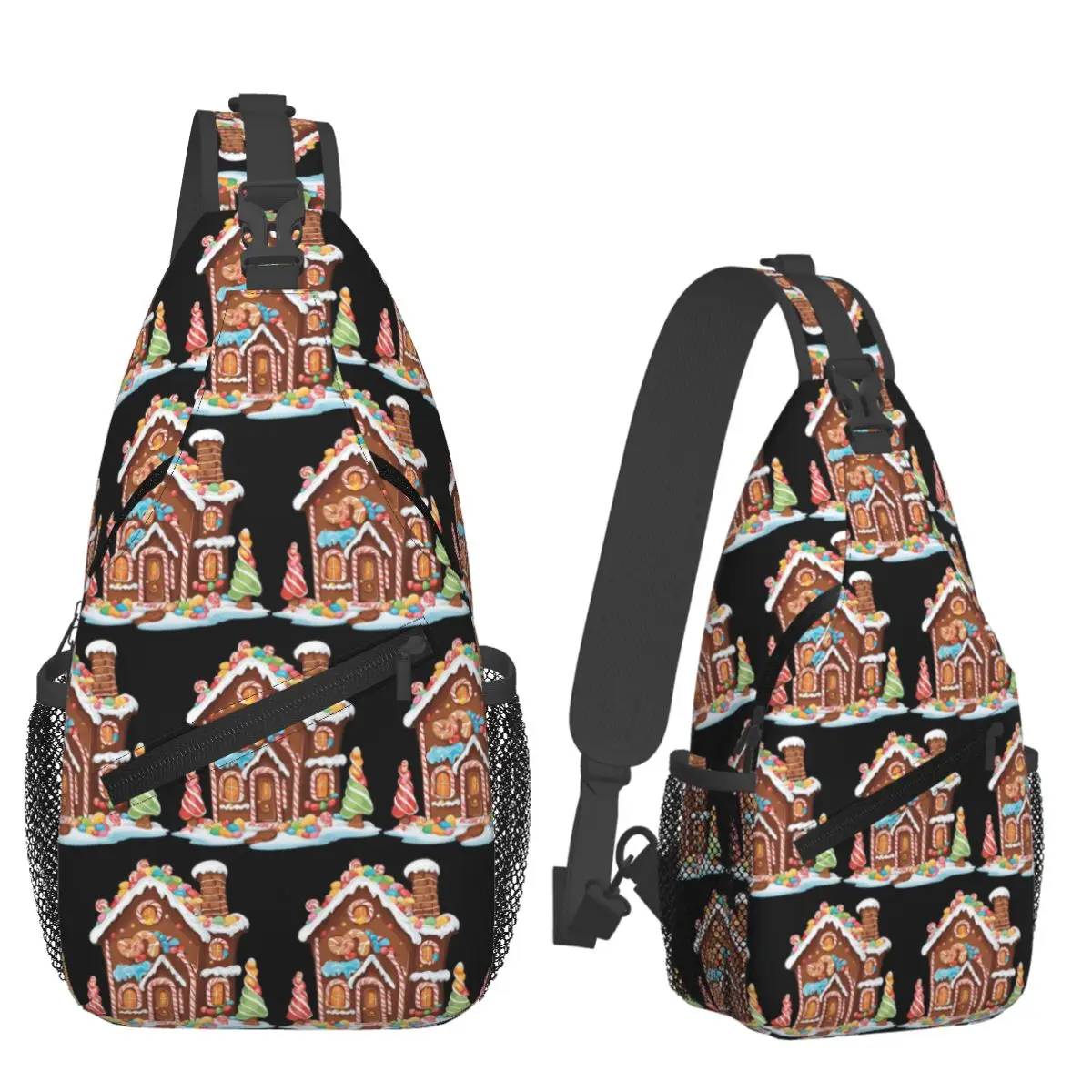 Whimsical Gingerbread House Full Of Joy Chest Bag Men Sling Crossbody Backpack Chest Bag Traveling Hiking Daypack Shoulder Bag
