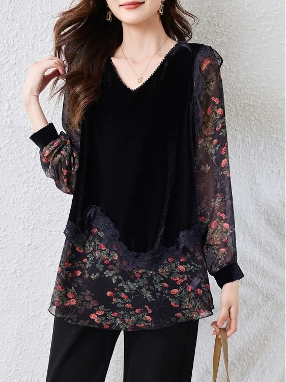 

Faionable Women's Printed Chiffon irt Long Sve Sl Fabric Ele Sle Autumn Collection Quali Garment