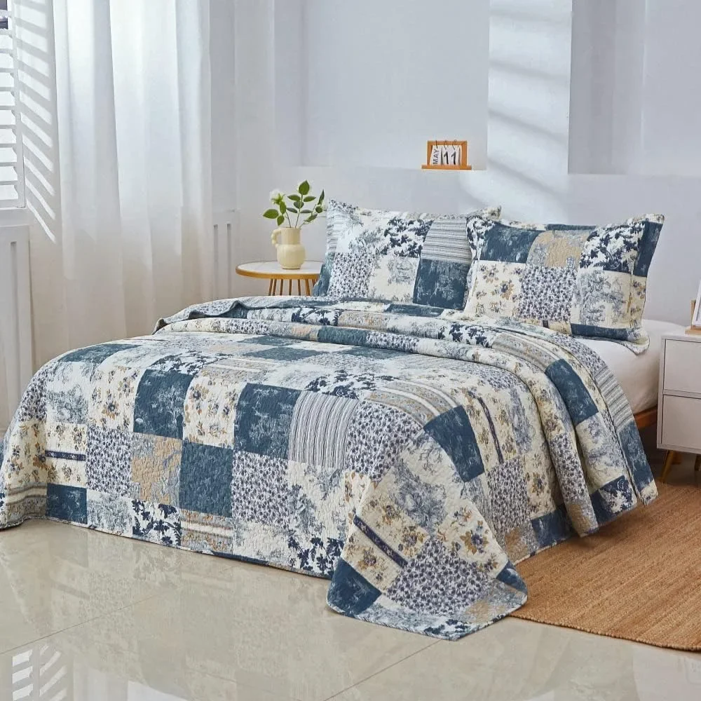 Cotton Bedspread Quilt Sets Reversible Coverlet Sets Comforters Patchwork Bedspread (Blue Vintage Floral, King Size)