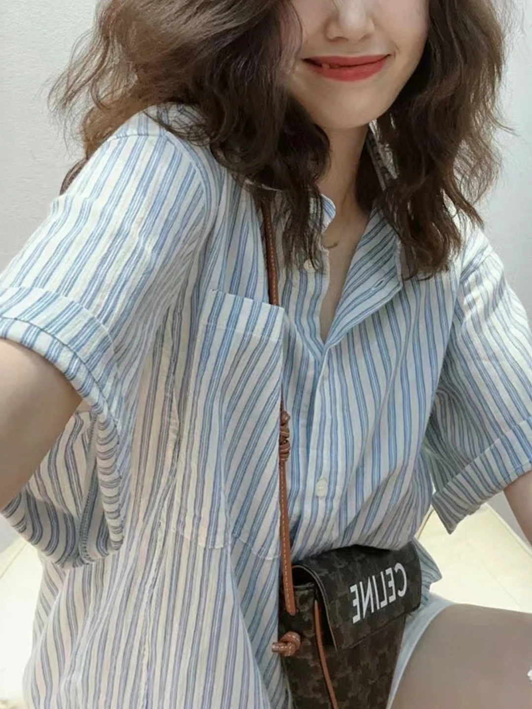 Casual Striped Shirt Women's Loose Slimming Design Summer plus Size Japanese Style Polyester Fiber Short Sleeve Casual Shirt