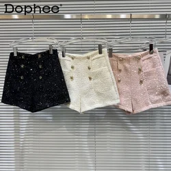 Retro Metal Buckle Sequined Black Shorts Women Clothes 2023 Autumn Winter New Fashion High Waist Short Pant Tweed Shorts Female