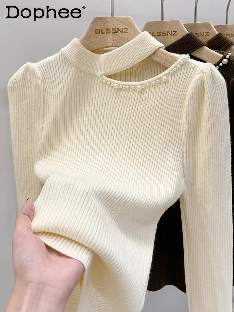 

Fashion Simple Pearl Half Turtleneck Sweater Women 2023 New Spring Sense Cut-out Bottoming Long Sleeve Off-Shoulder Sweater Top