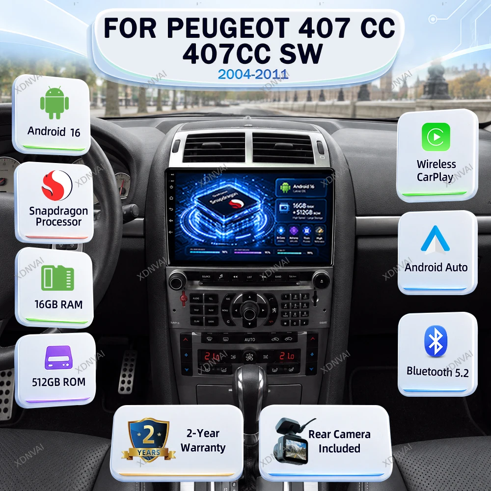 Android 16 Car Radio For Peugeot 407 CC 407CC SW 2004-2011 Video Player Multimedia 5G WIFI RDS Navigation Autoradio Head Unit BT