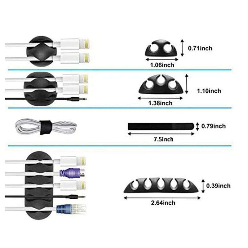 20Pc Cord Management Organizer Kit With Self Adhesive Cable Clip Holders And Fastening Cable Ties For TV Computer Office