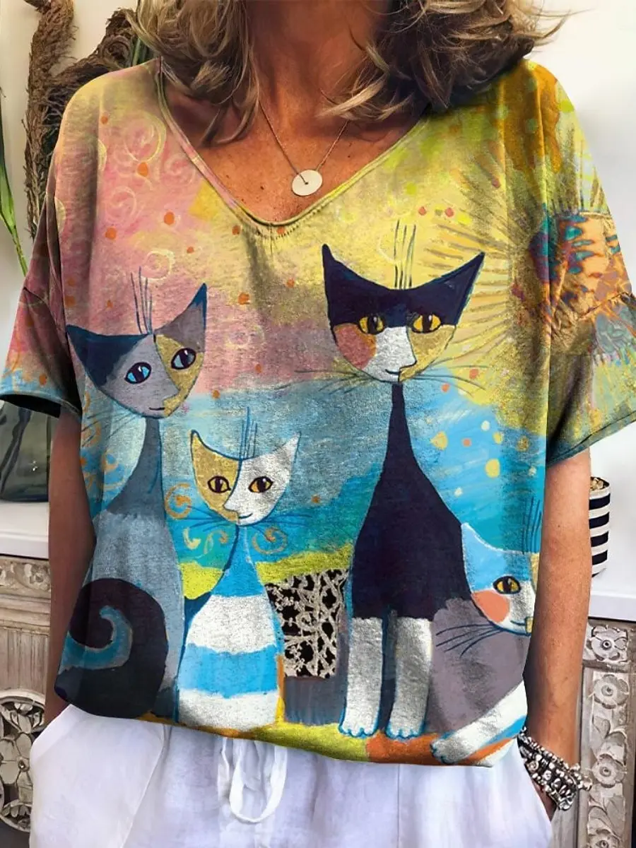 Elegant Vintage Cat Print Casual T Shirt V Neck Short Sleeve Tee For Women Summer Holiday Travel And Vacation Wear