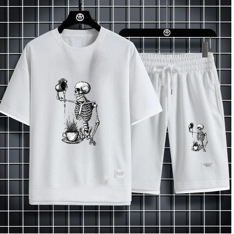 

2025 Fashion Waffle Skeleton tea print Sport T-shirts+shorts sets Leisure Outfit Stylish Comfortable Summer gym sets Set for Men