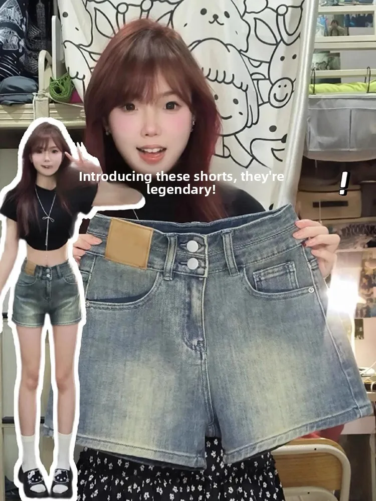 

American Retro Double Bule Design Jeans orts Women Summer Thin A-Line Wide Leg Pants Slimming Concealing High Waist