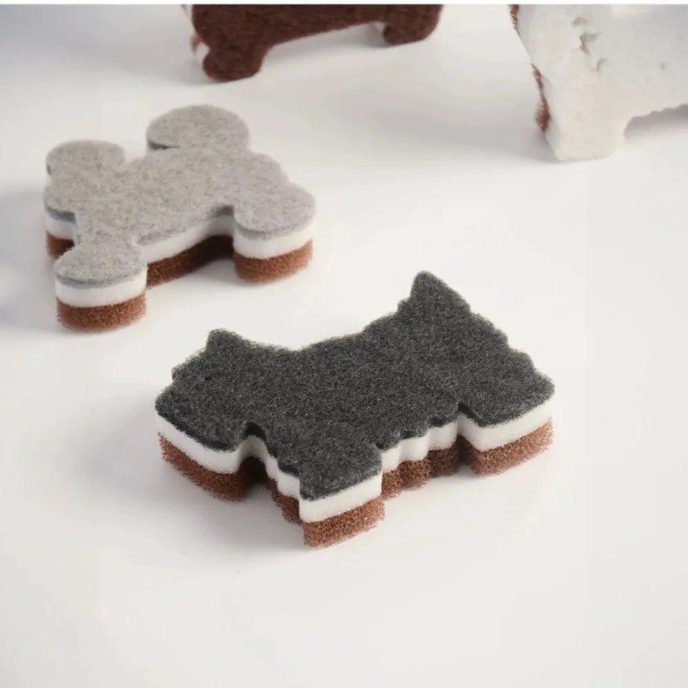 4pcs 3-Layer Dog Shape Sponge Scrubber Non-Scratch Cartoon Dual Sided Kitchen Brush Dishwash Multifunctional Puppy Sponge Rub