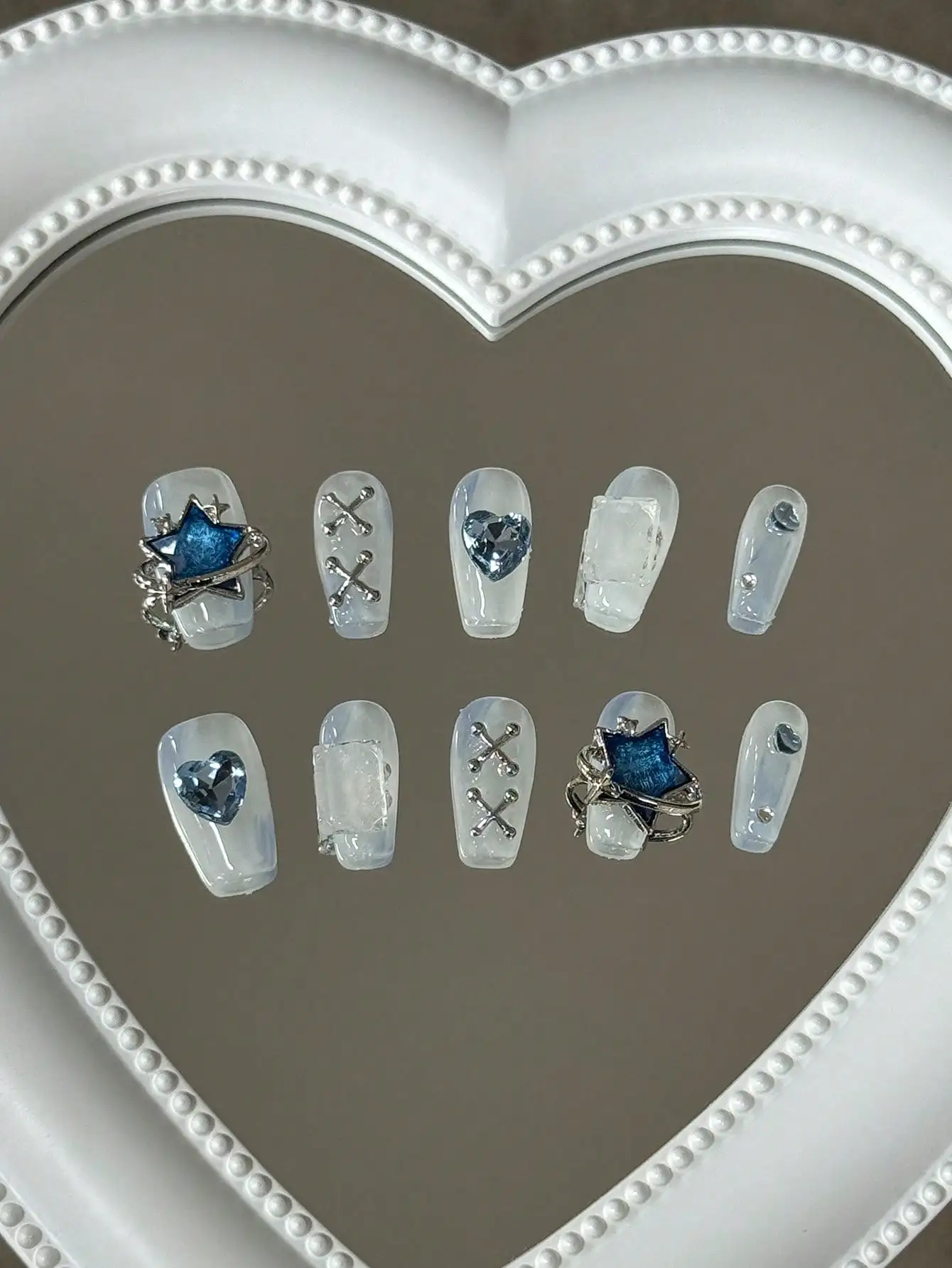 10-Piece Set of Ice-Clear Blue Star Heart Cross Press-On Nails, Suitable for Y2K Millennial Hot Girls, Campus Cool Style, Summer Dopamine, Music Festivals, Street Fashion, Simple Commuting, Cool Girl Date Look Use a Sheet of Jelly Glue and a Rolling Pin.