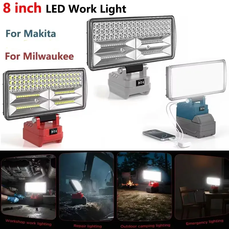 LED Work Light for Dewalt/Makita/Milwaukee 18V Li-ion Battery 12000LM Spotlight with 2 USB Charging Port Flood Light Flashlight