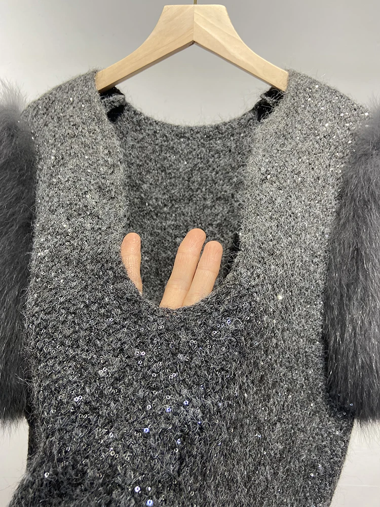 Gilet sans manches en tricot pour fille, style coréen, gris foncé, avec décoration en fourrure de renard naturelle, pour l'automne et le printemps