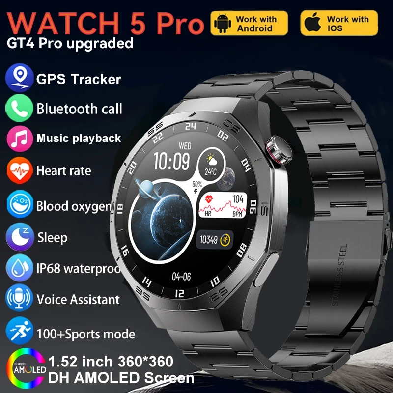 

2025 New For Watch GT5 Pro Smart Watch HD AMOLED Screen NFC GPS Tracker Bluetooth Call Health Waterproof Smartwatch Men Women