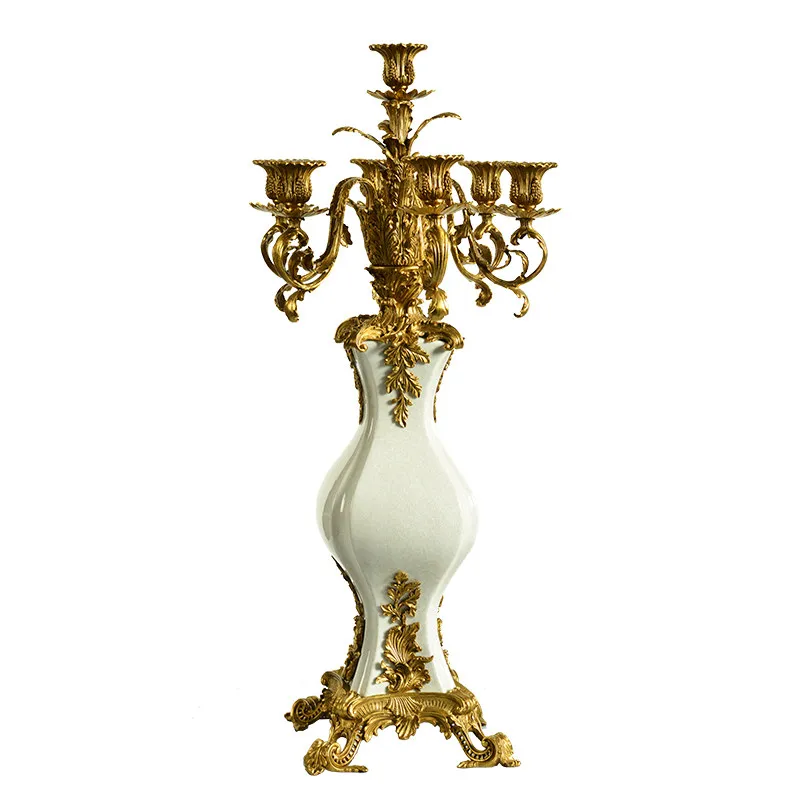 Palace style atmosphere 7-head ceramic brass candlestick, high-end villa club living room luxury handicraft ornament