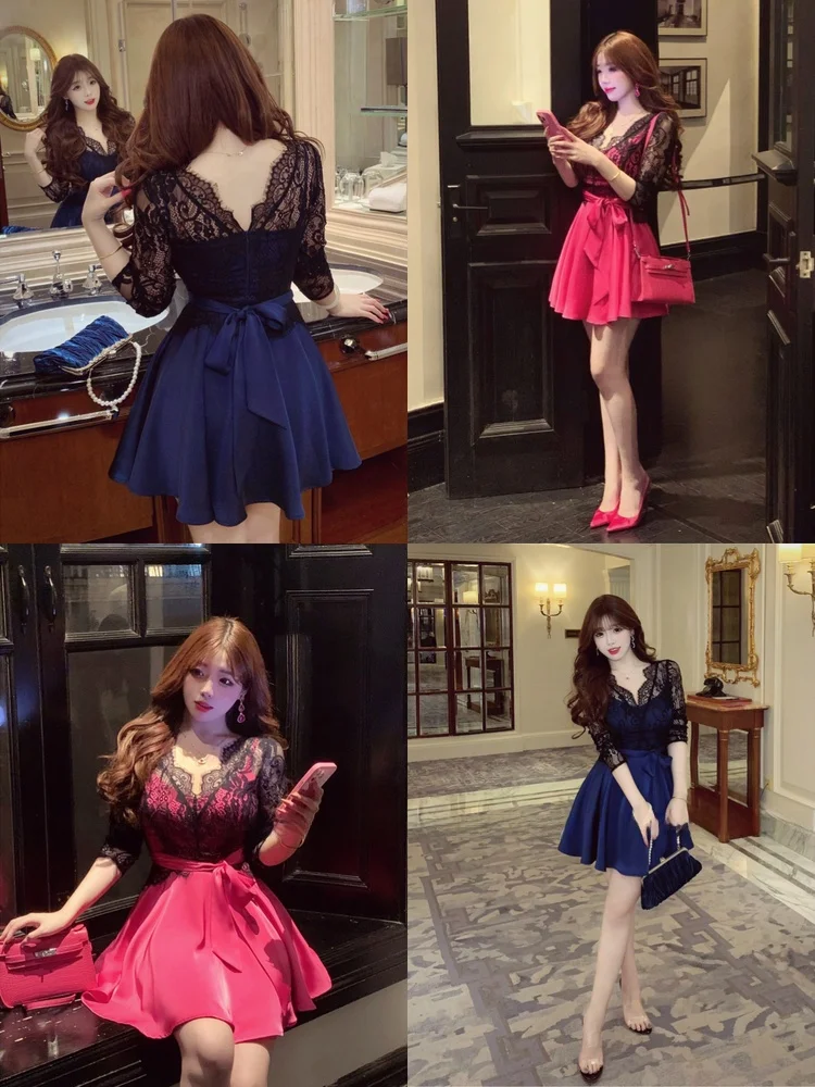 

Charming Lace Splice Long Sve Dr Women's Ele Gathered Waist Umbrella Swing Autumn Winter Cotton Blend Comfortable S...