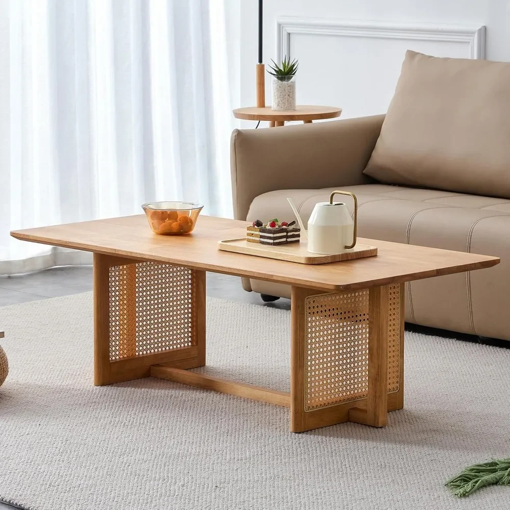 

Mid Century Modern Wood Coffee Table with PE Rattan Stand, 47 Inch Rectangular Solid Wood Boho Coffe Table, Unique Center Cockta