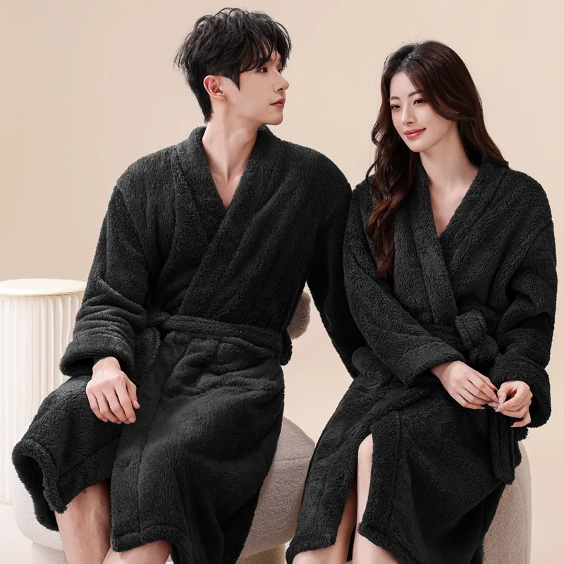 Unisex Long-Sleeve Bathrobe Warm Coral Fleece with Belt Mid-length Pajamas Solid Color Skin-friendly Soft Casual Homewear Robes