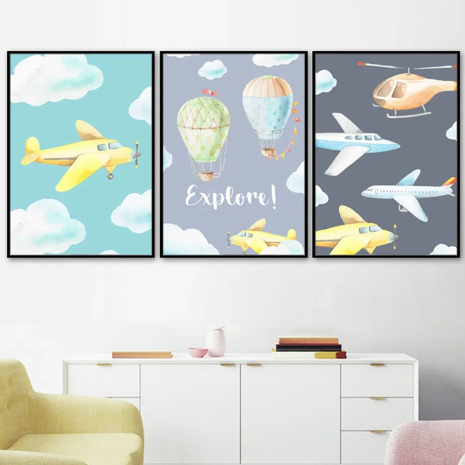 Airplane Balloon Mountain Brave Wall Art Canvas Painting Cartoon Nordic Posters And Prints Wall Picture Girl Boy Kids Room Decor