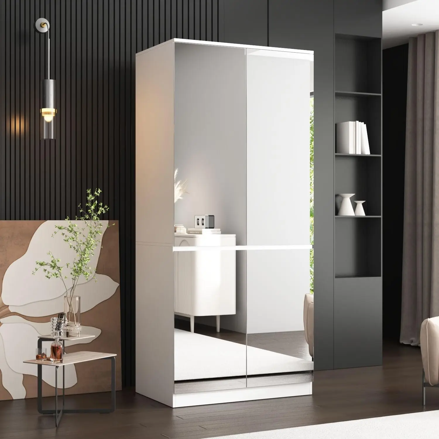 Famapy 4 Door Wardrobe Closet With Mirrors, Armoire Wardrobe Closet With Hanging Rod, Mirrored Armoire Closet For Bedroom White