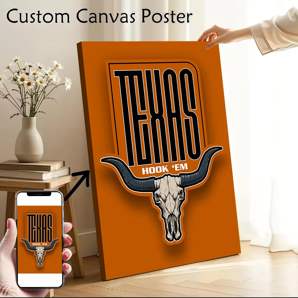 Texas Longhorns Skull Hook 'Em Poster Canvas Wall Art Personalized Print Modern Painting Perfect Gift for Bathroom Decor Bedroom