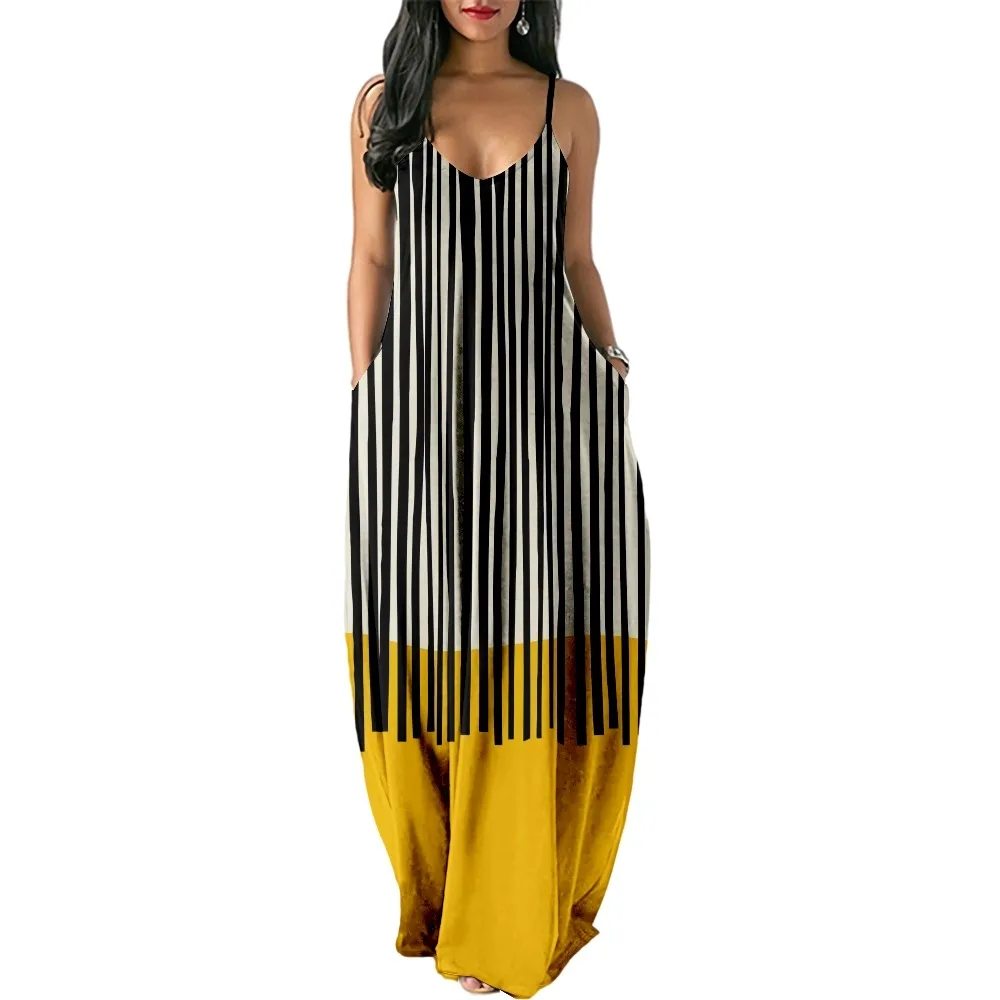 

Women Dresses Stripe Print Sexy Sleeveless Midi Backless Party Dress V-Neck Dresses Beach Casual Streetwear robe