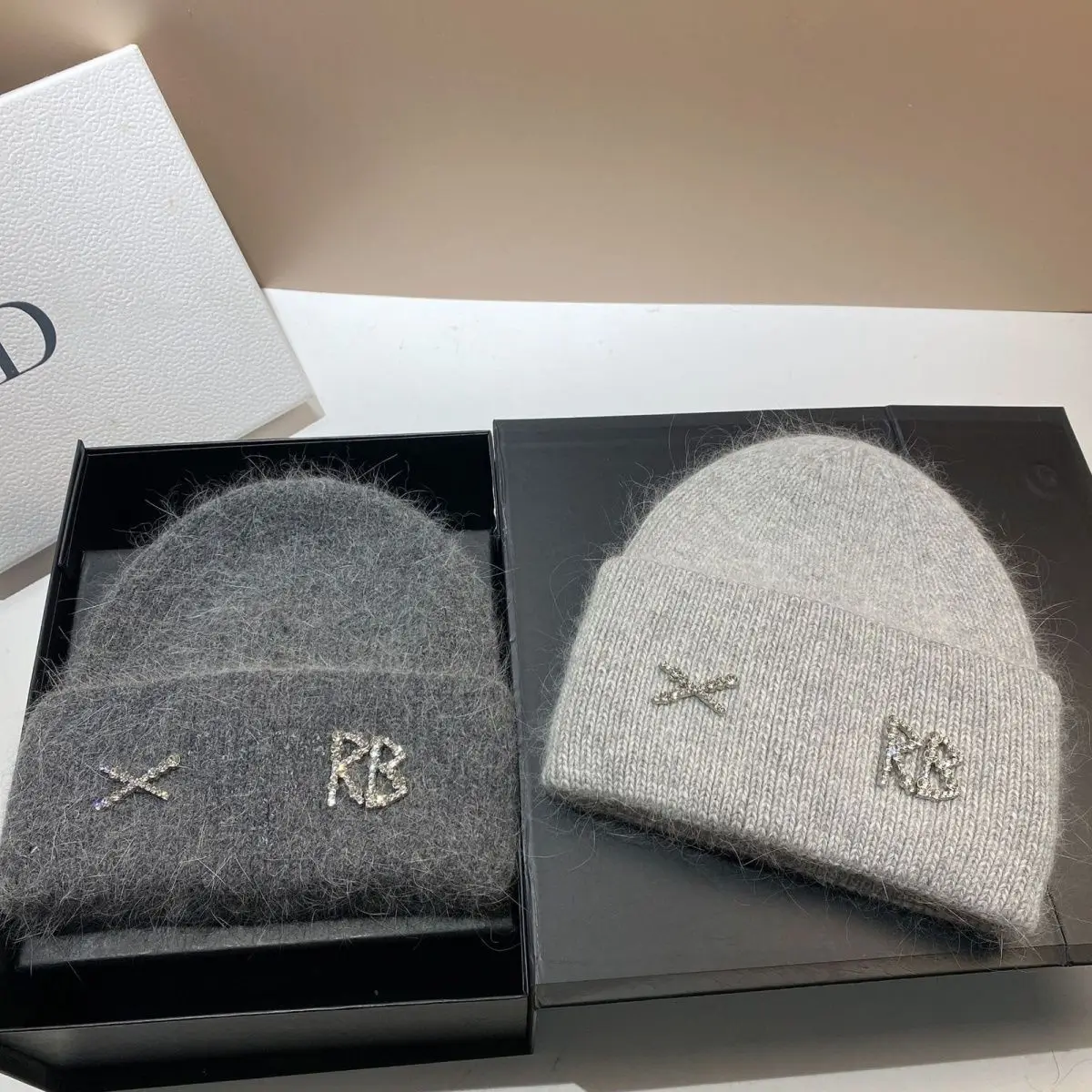 Rabbit Fur  Dblen Diamonds Letter Beanies Hats for Women Winter Warm Knitted Hat Famous Brand Lady Casual Bonnet Skiing Cap