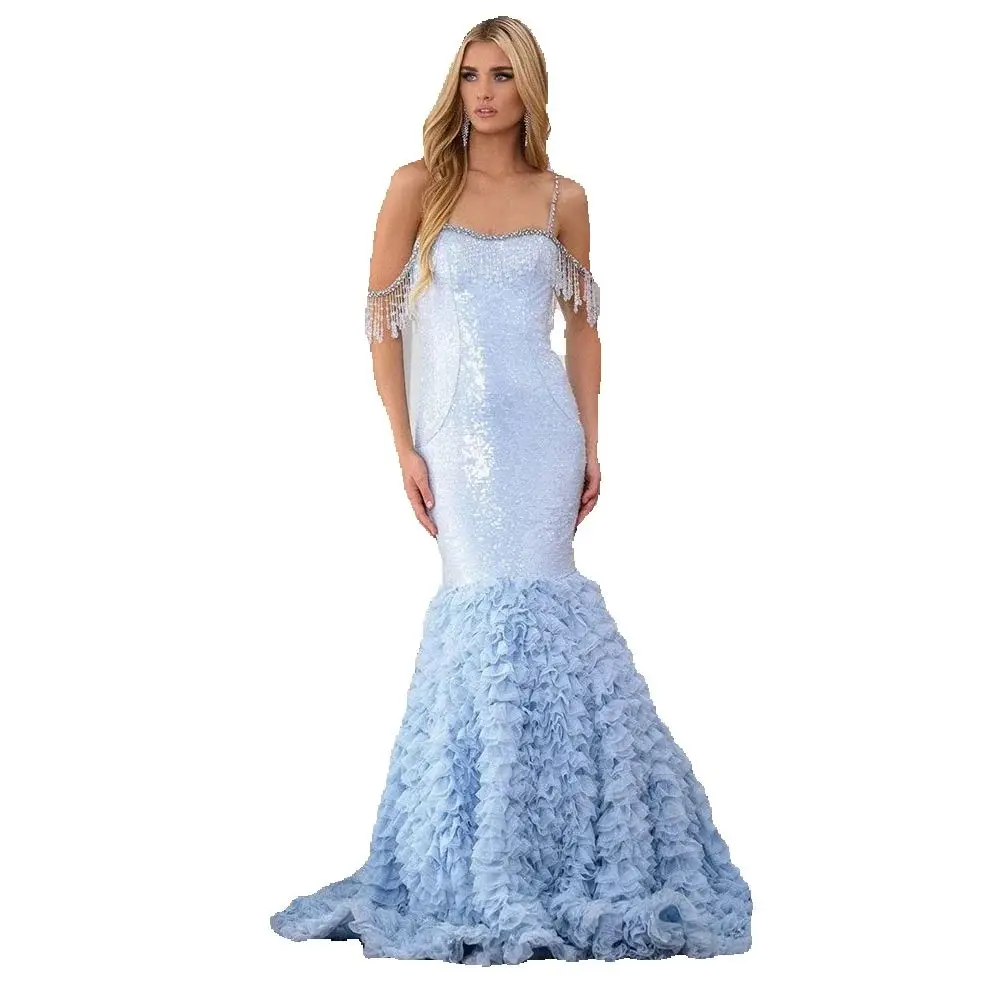 Requintado azul claro feminino baile de formatura vestidos de lantejoulas trompete até o chão cinta espaguete princesa banquete vestidos de festa à noite