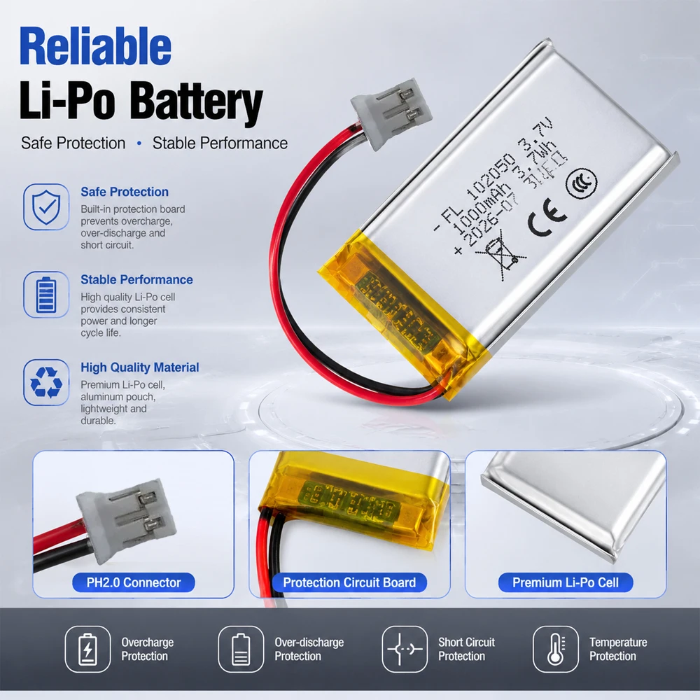 Bateria LiPo 3,7V 1000mAh, ładowalna bateria litowo-polimerowa 102050 z złączem PH2.0 do zastosowań w elektronice DIY. — zdjęcie produktu 4