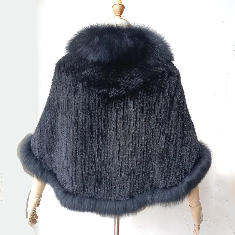 Winter Luxury Genuine Mink Fur Shawl With Fluffy Fox Fur Stripe Women High Qulity Thick Fashion Warm Natural Mink Fur Wrap Shawl