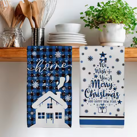 Christmas Blue Black Grid House Snowflake Kitchen Dish Tea Towels Cleaning Supplies Quick Drying Hand Towels Set Navidad Decor