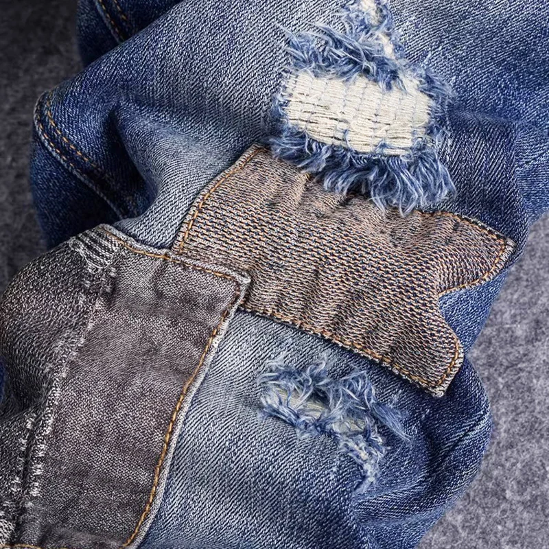 

High Street Designer Fashion Men Jeans Retro Blue Stretch Slim Fit Patched Ripped Jeans Men Hip Hop Vintage Denim Pants Hombre