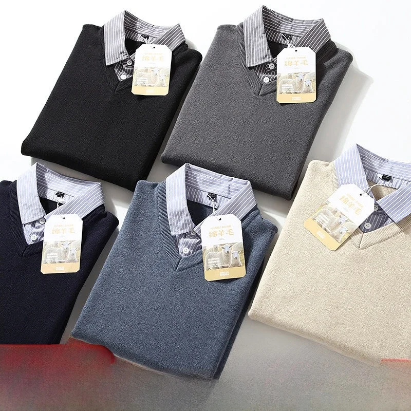 

Высококачественный утепленный мужской модный комфортный вязаный свитер с эффектом двухслойности, зимний, с длинным рукавом, в городском стиле